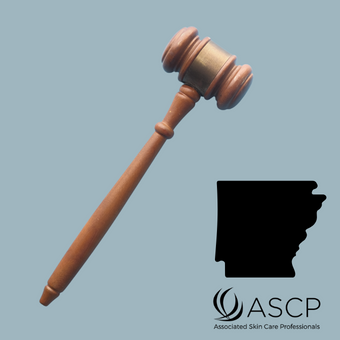 Brown gavel over grey-blue background with shape of Arkansas