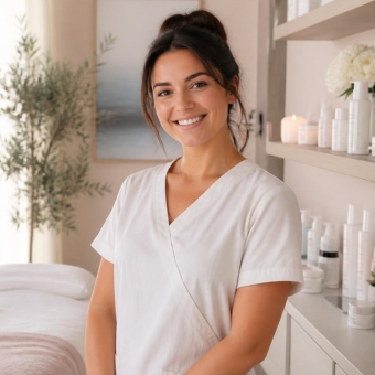 Female esthetician in white spa uniform smiling in front of esthetics bed in a treatment room with shelves of spa products
