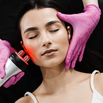 Woman with radio frequency device placed on her cheek held by hands with pink gloves