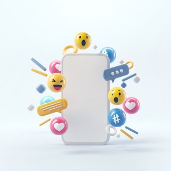 Image of a cell phone surrounded by emojee's.