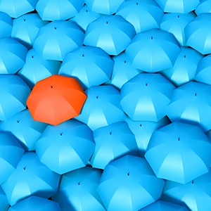 Gorup of blue umbrellas, one is orange. standing out from the crowd, unique, individuality, contrasts. 3D illustration