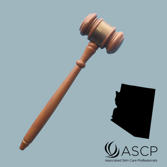 Brown gavel over blue-grey background with shape of Arizona.