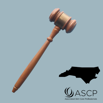 Brown gavel over blue grey background with shape of North Carolina