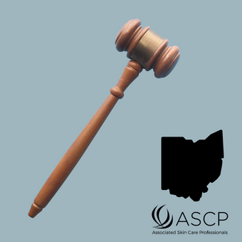 Brown gavel over grey blue background with shape of Ohio