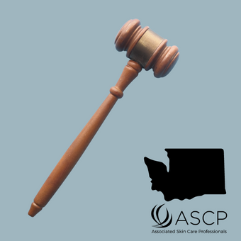 Brown gavel on blue-gray background with shape of Washington.