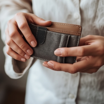 Woman wearing beige spa uniform holding and opening a black and brown leather wallet