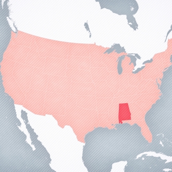 Pink map of the United States of America with Alabama in hot pink 