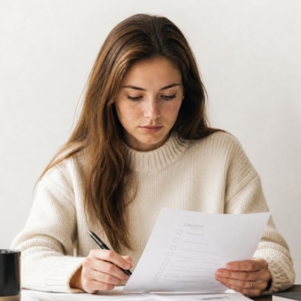 Woman in cream sweater with long brown hair reviewing documents holding a pen