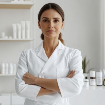 Esthetician in white uniform standing in treatment room