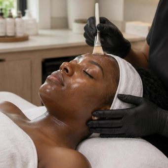 Black woman receiving a chemical peel service from an esthetician in a treatment room