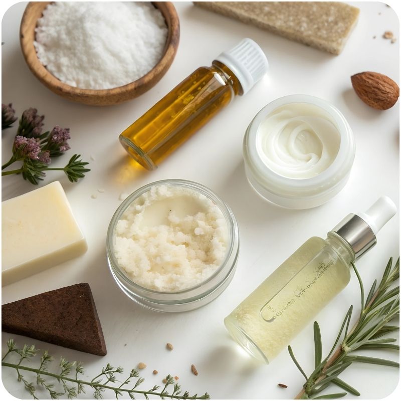 Image of skin care ingredients on a table. 