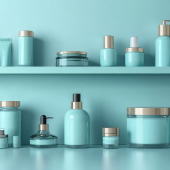Image of skin care products in blue bottles.