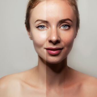 split image of a person with and without a tan.
