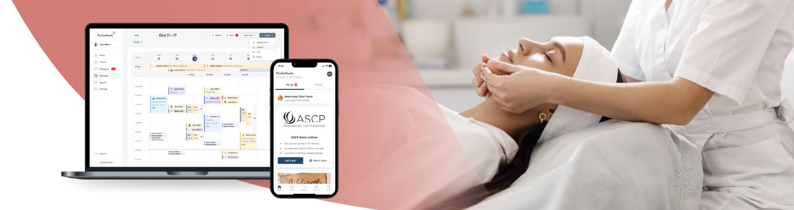 female patient receiving skin care with demo of pocketsuite ASCP